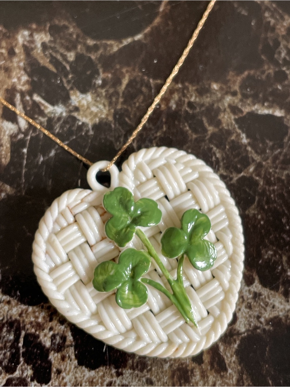 Belleek Porcelain Heart Pendant with Green Shamrocks , Woven Design (Ireland)